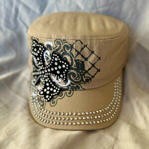 Hat~Rhinestone~Short Cross~Cadet style~adjustable velcro back